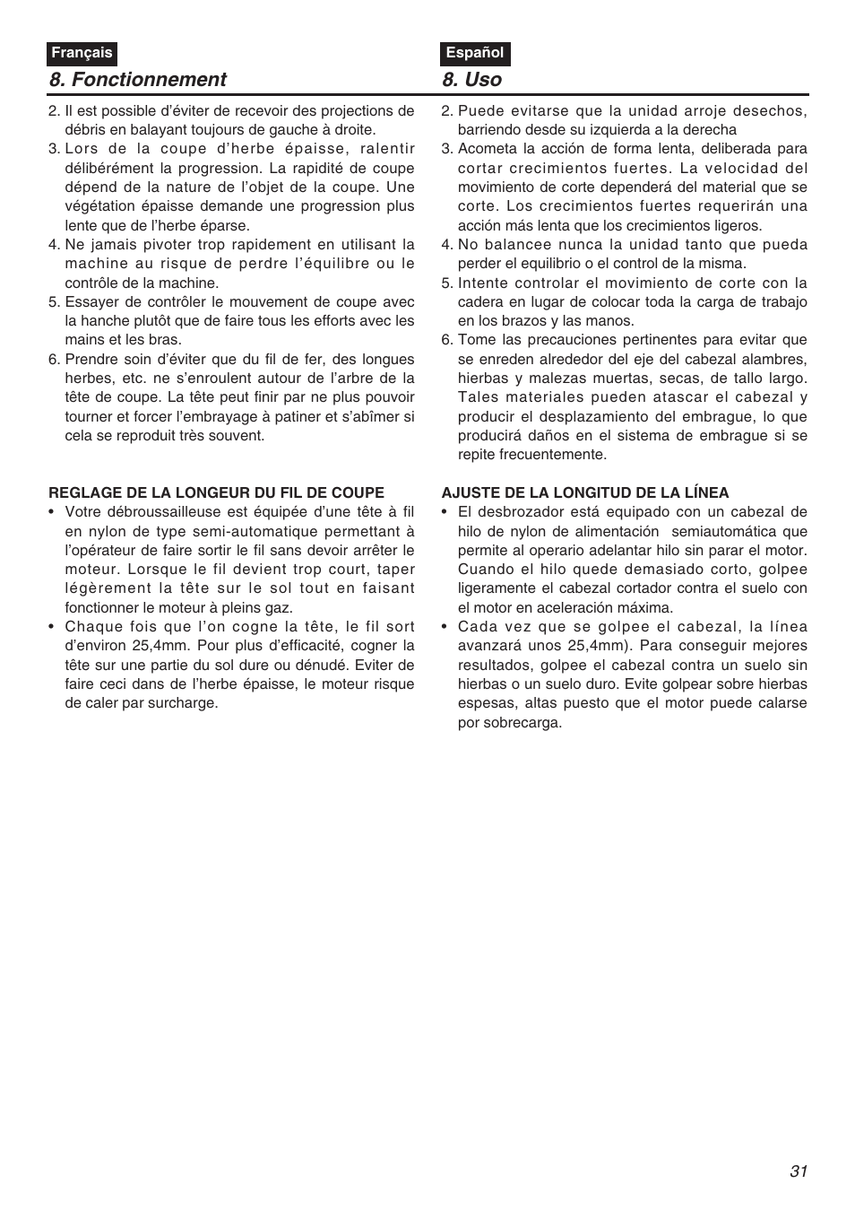 Fonctionnement 8. uso | Zenoah TR2301S User Manual | Page 31 / 64