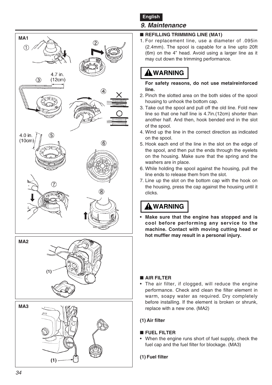 Maintenance, Warning | Zenoah TR2301S User Manual | Page 34 / 64