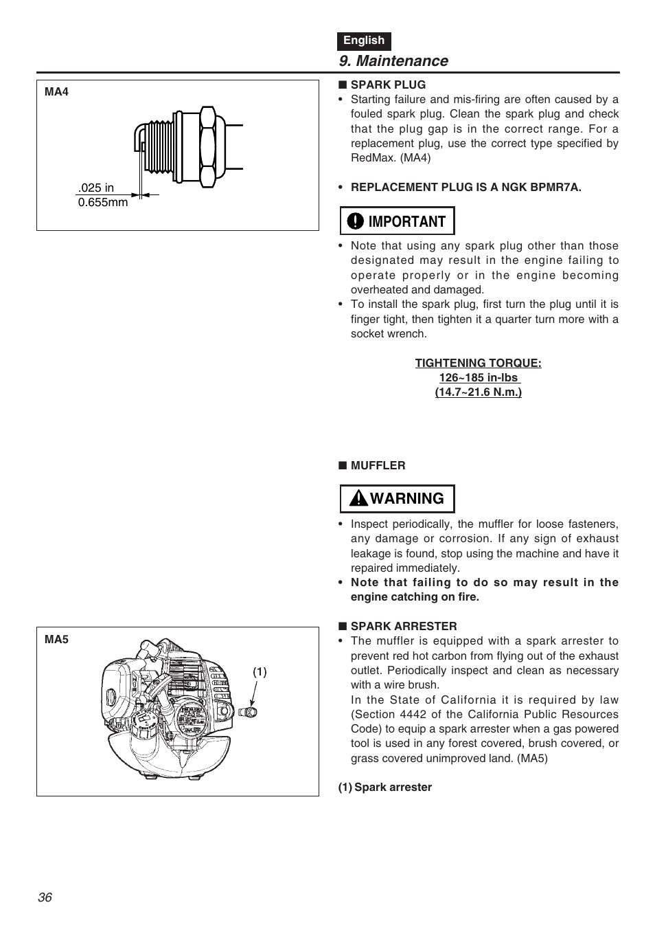 Maintenance, Warning important | Zenoah TR2301S User Manual | Page 36 / 64