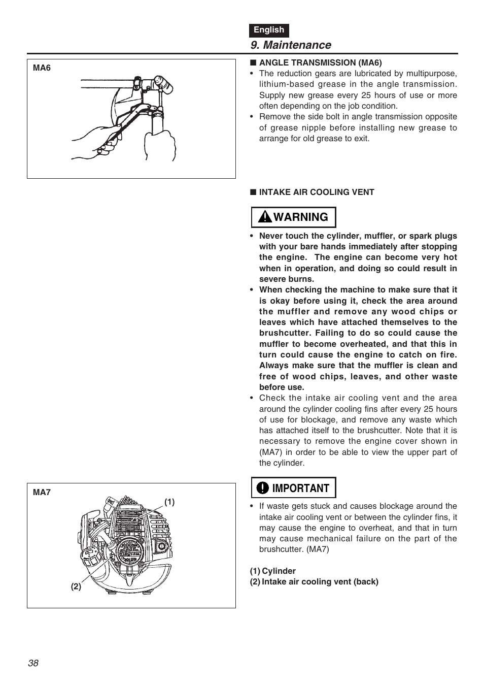 Maintenance, Important warning | Zenoah TR2301S User Manual | Page 38 / 64