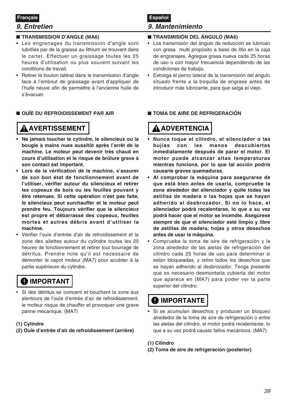 Entretien 9. mantenimiento, Important avertissement, Importante advertencia | Zenoah TR2301S User Manual | Page 39 / 64