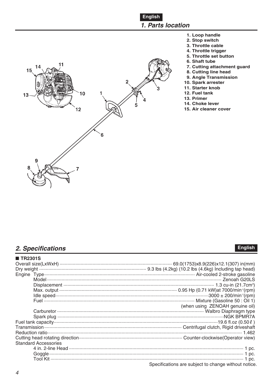 Parts location, Specifications | Zenoah TR2301S User Manual | Page 4 / 64