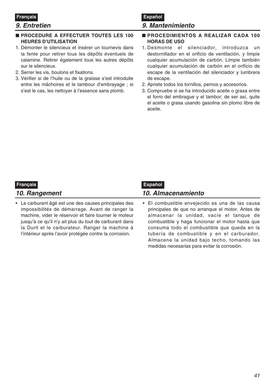 Entretien 9. mantenimiento, Rangement 10. almacenamiento | Zenoah TR2301S User Manual | Page 41 / 64