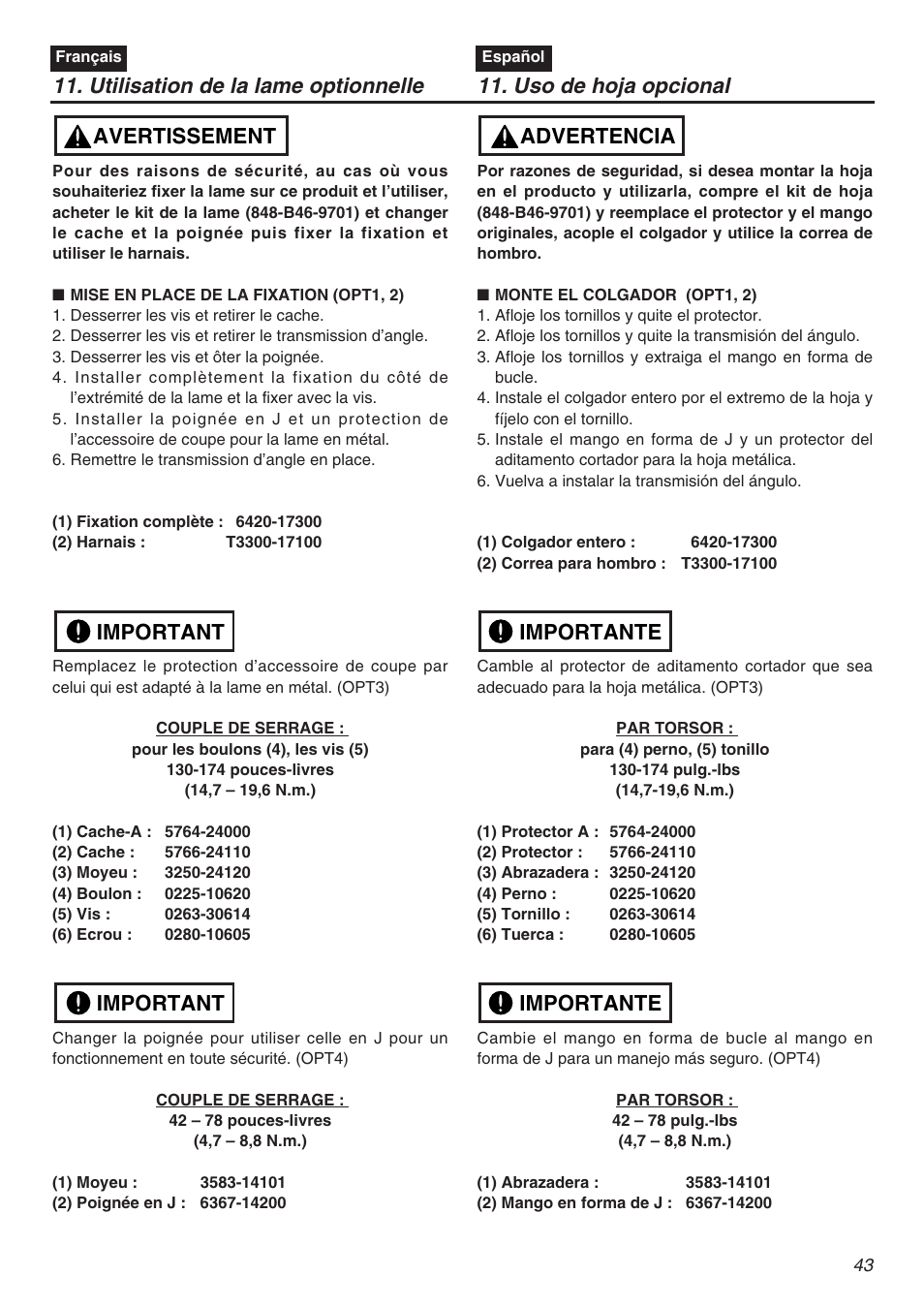 Important, Important avertissement, Importante | Importante advertencia | Zenoah TR2301S User Manual | Page 43 / 64