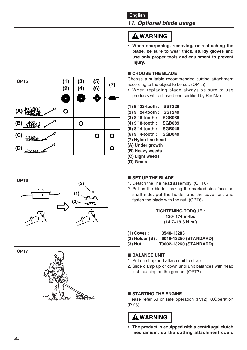 Warning, Optional blade usage | Zenoah TR2301S User Manual | Page 44 / 64