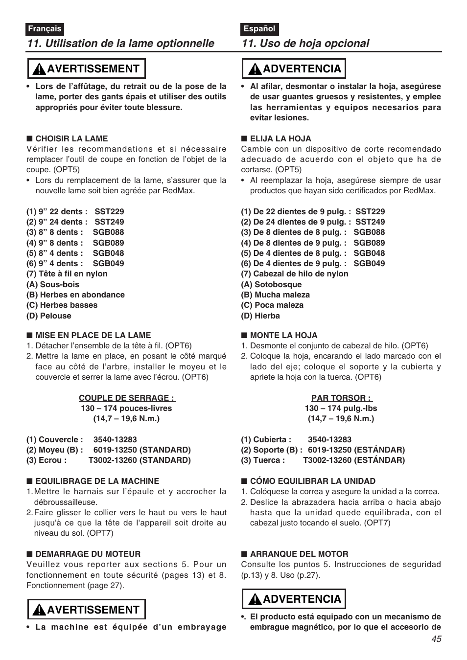 Avertissement, Advertencia | Zenoah TR2301S User Manual | Page 45 / 64