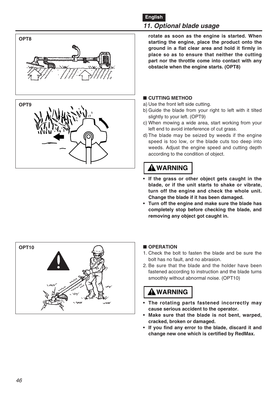 Optional blade usage, Warning | Zenoah TR2301S User Manual | Page 46 / 64