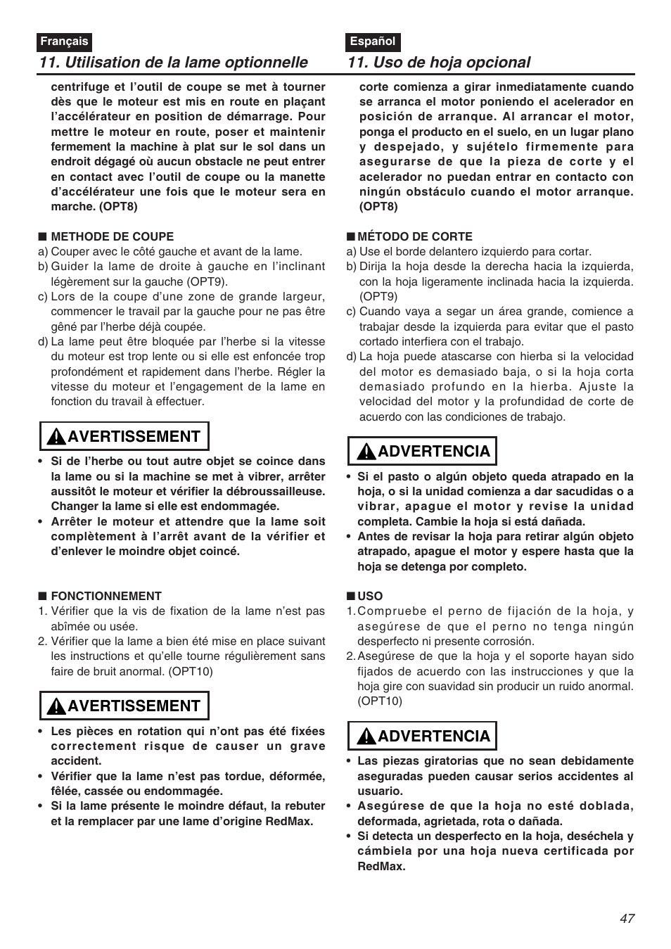 Avertissement, Advertencia | Zenoah TR2301S User Manual | Page 47 / 64