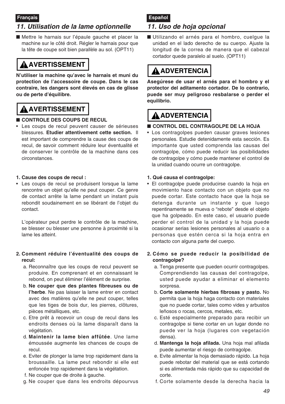 Avertissement, Advertencia | Zenoah TR2301S User Manual | Page 49 / 64