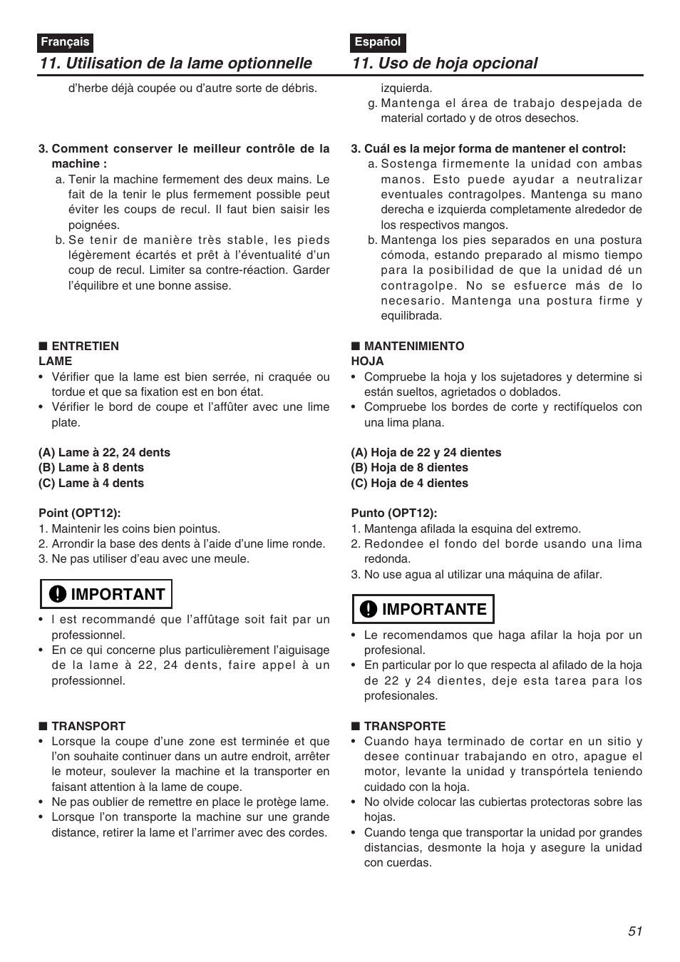 Important | Zenoah TR2301S User Manual | Page 51 / 64