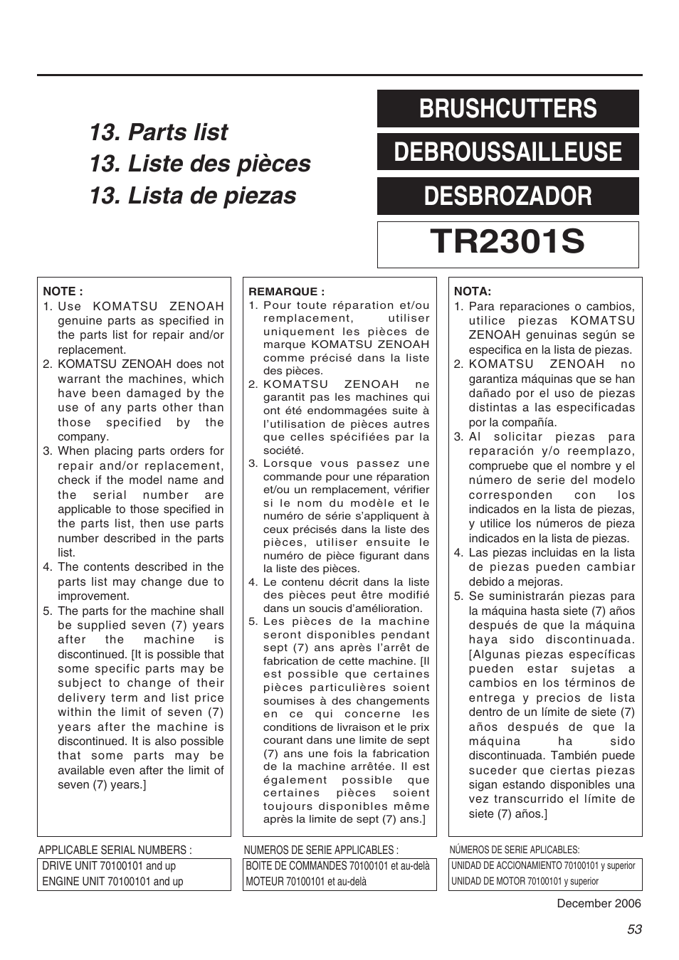 Tr2301s, Brushcutters debroussailleuse desbrozador | Zenoah TR2301S User Manual | Page 53 / 64