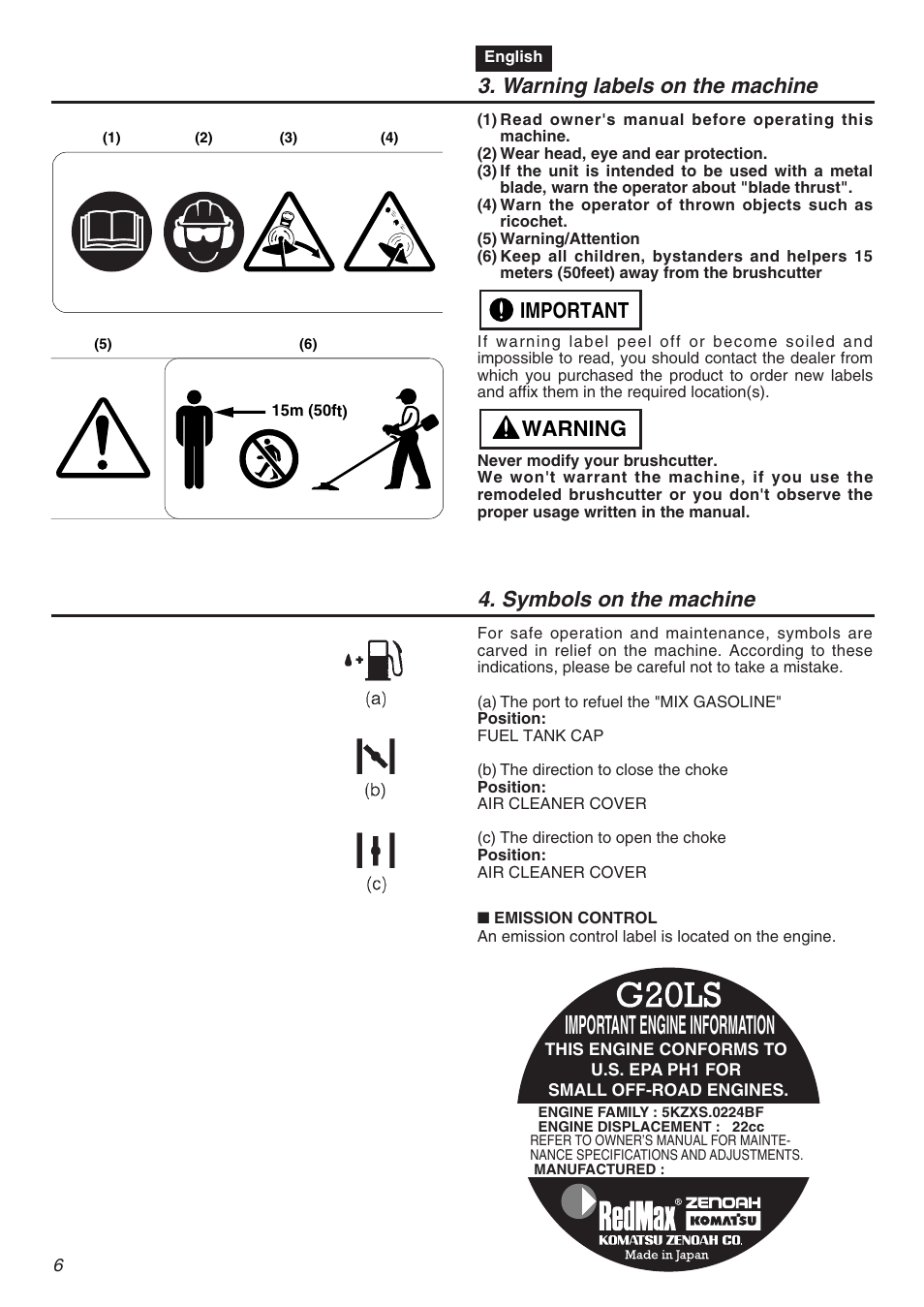 Important engine information, Warning labels on the machine, Warning important | Symbols on the machine | Zenoah TR2301S User Manual | Page 6 / 64