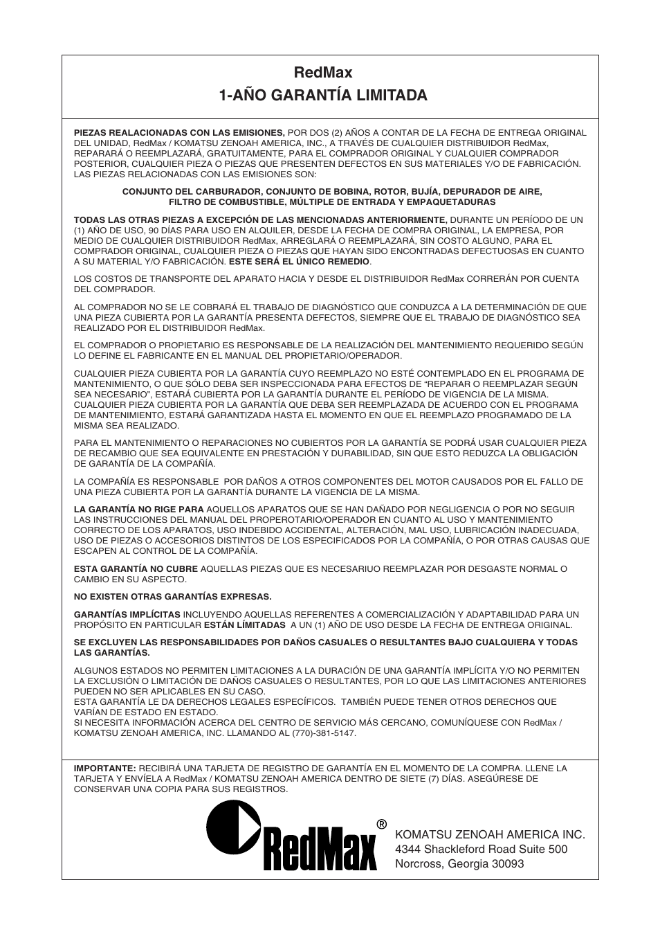 Redmax 1-año garantía limitada | Zenoah TR2301S User Manual | Page 62 / 64