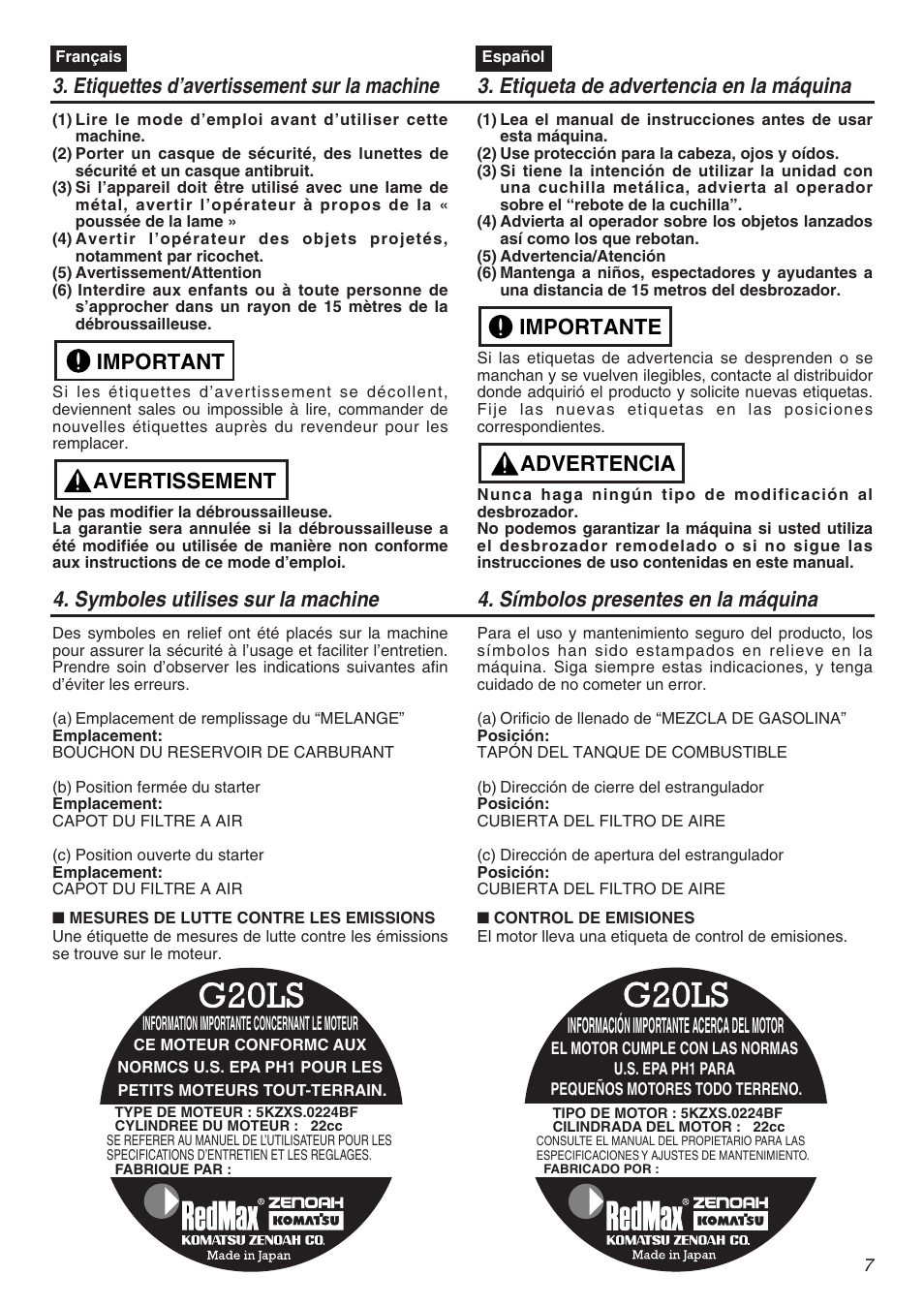 Avertissement important, Advertencia importante, Información importante acerca del motor | Zenoah TR2301S User Manual | Page 7 / 64