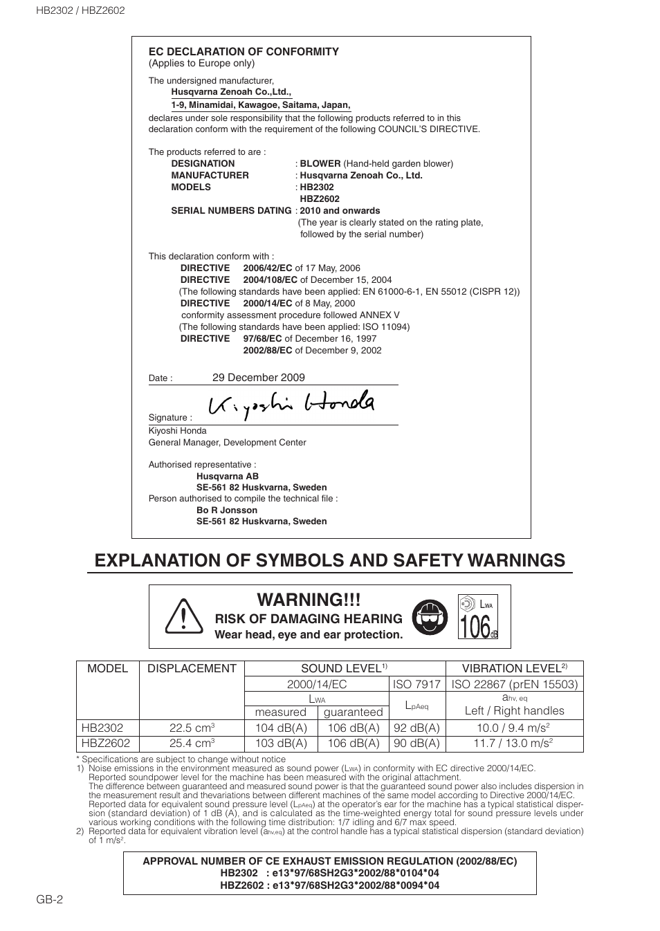 Explanation of symbols and safety warnings warning, Risk of damaging hearing | Zenoah HBZ2602 User Manual | Page 2 / 15