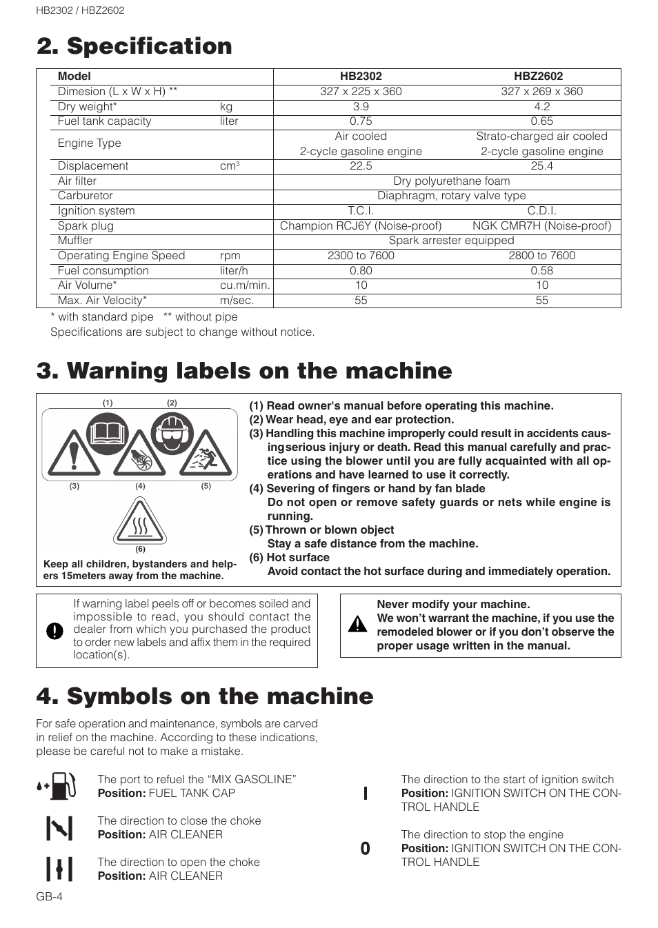 Specification 3. warning labels on the machine, Symbols on the machine | Zenoah HBZ2602 User Manual | Page 4 / 15