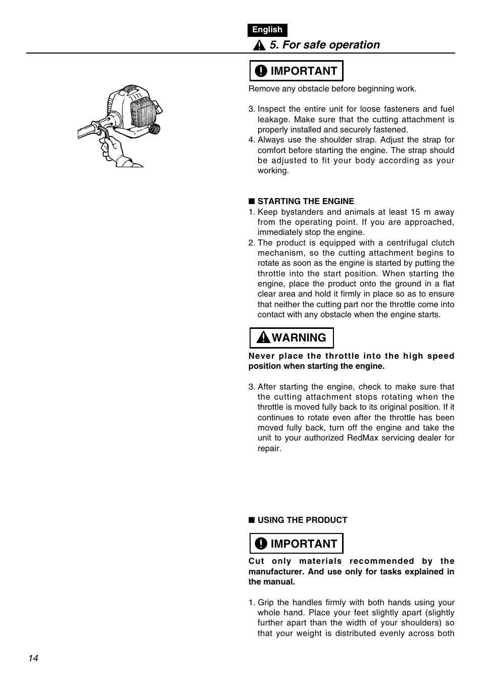 Important warning important 5. for safe operation | Zenoah SRTZ2401F User Manual | Page 14 / 56