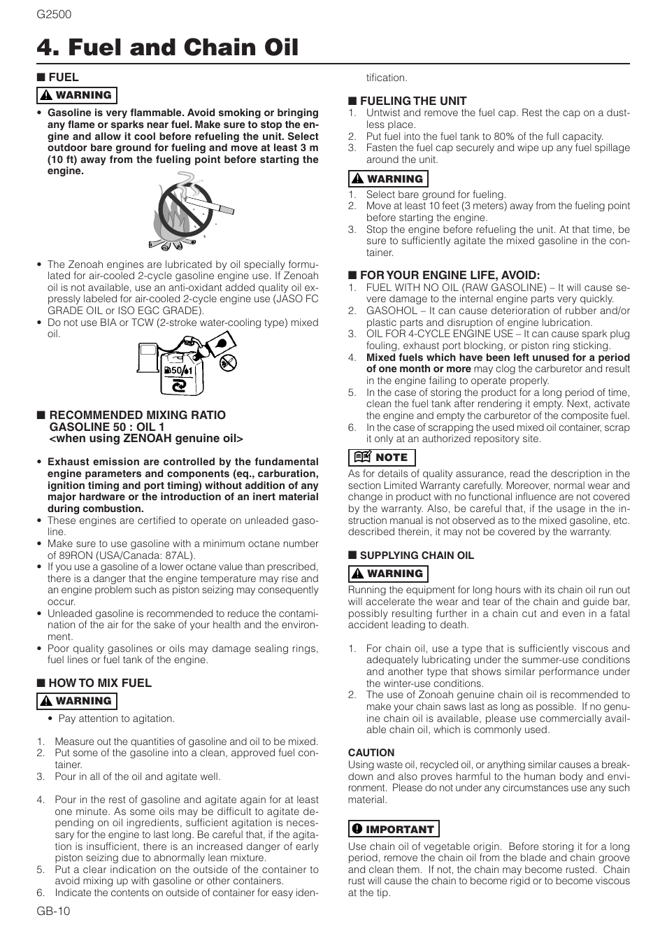 Fuel and chain oil | Zenoah CHAIN SAWS G2500 User Manual | Page 10 / 18