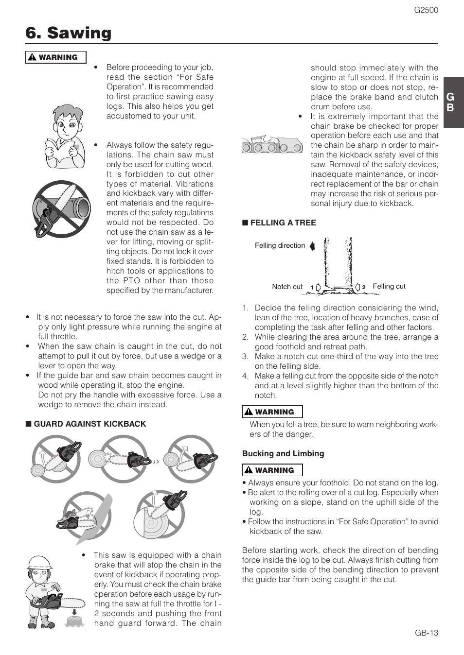 Sawing | Zenoah CHAIN SAWS G2500 User Manual | Page 13 / 18