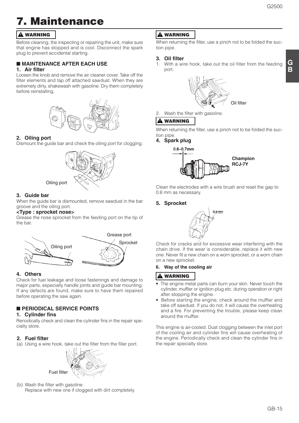 Maintenance | Zenoah CHAIN SAWS G2500 User Manual | Page 15 / 18