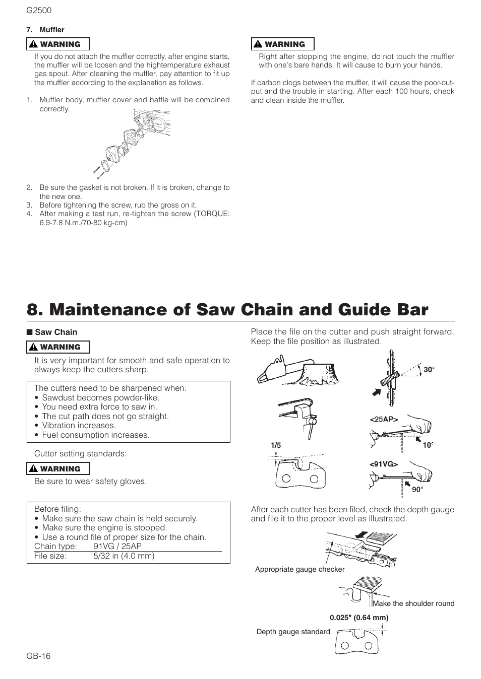 Maintenance of saw chain and guide bar | Zenoah CHAIN SAWS G2500 User Manual | Page 16 / 18