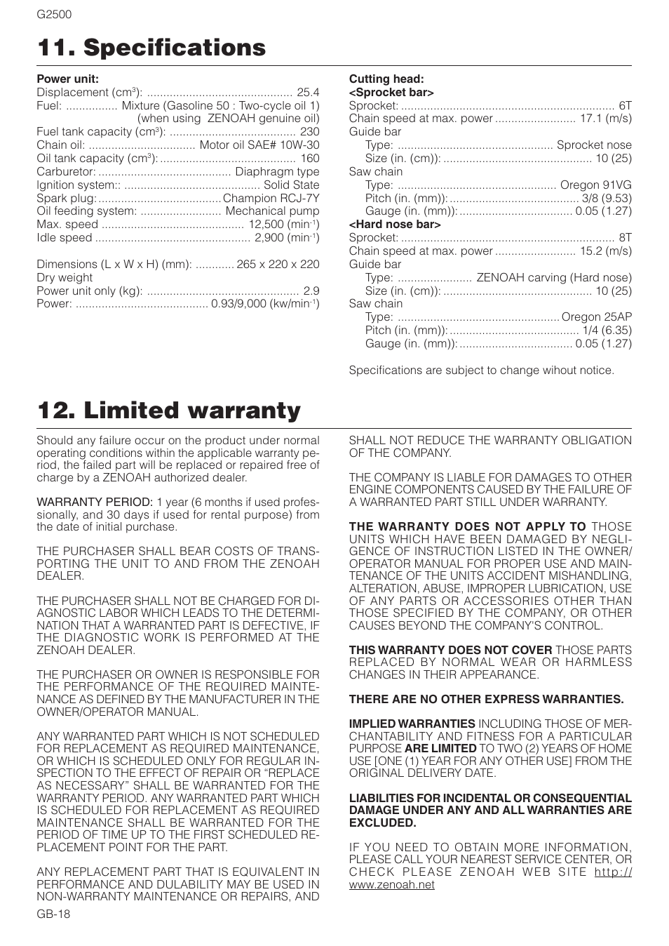 Specifications 12. limited warranty | Zenoah CHAIN SAWS G2500 User Manual | Page 18 / 18