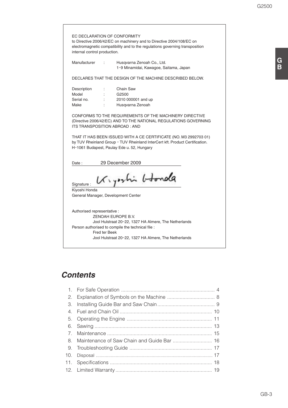 Zenoah CHAIN SAWS G2500 User Manual | Page 3 / 18