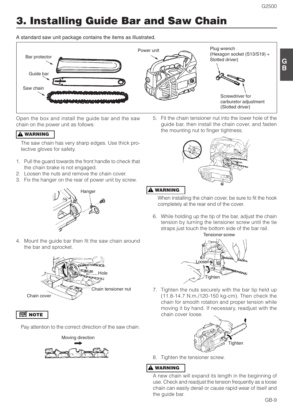 Installing guide bar and saw chain | Zenoah CHAIN SAWS G2500 User Manual | Page 9 / 18