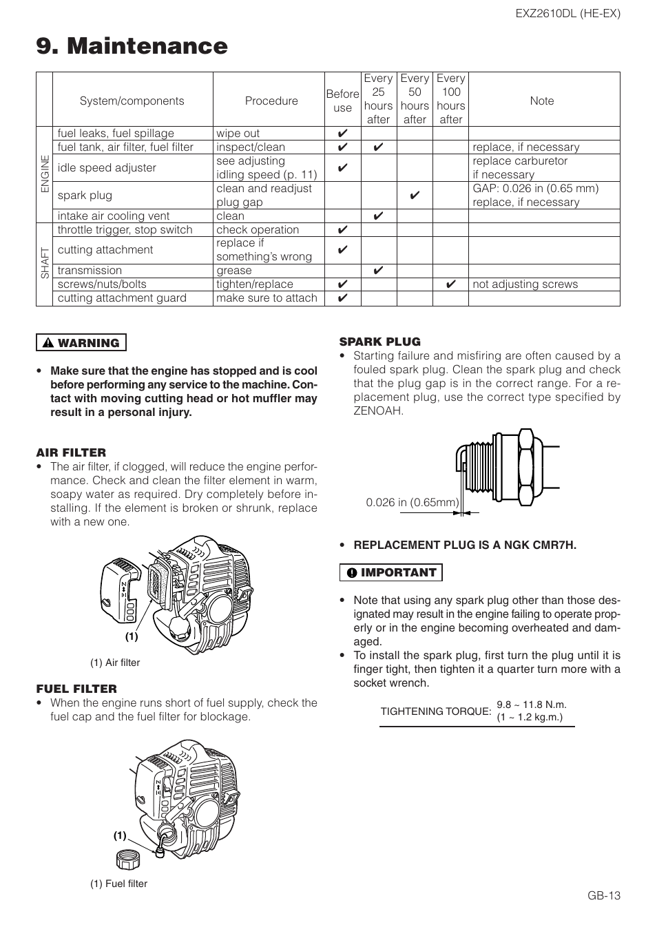 Maintenance | Zenoah EXZ2610DL User Manual | Page 13 / 16