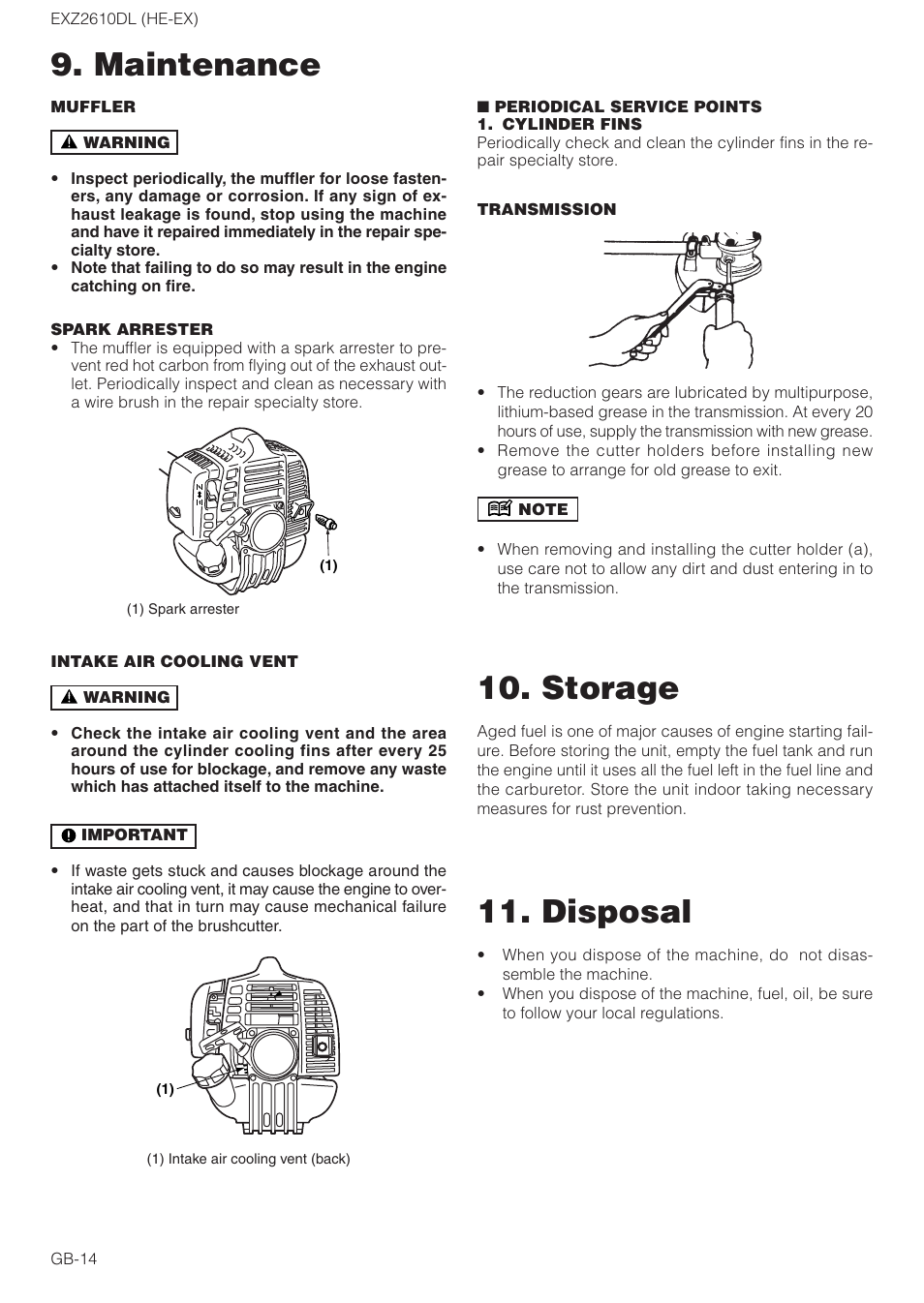 Maintenance, Storage 11. disposal | Zenoah EXZ2610DL User Manual | Page 14 / 16
