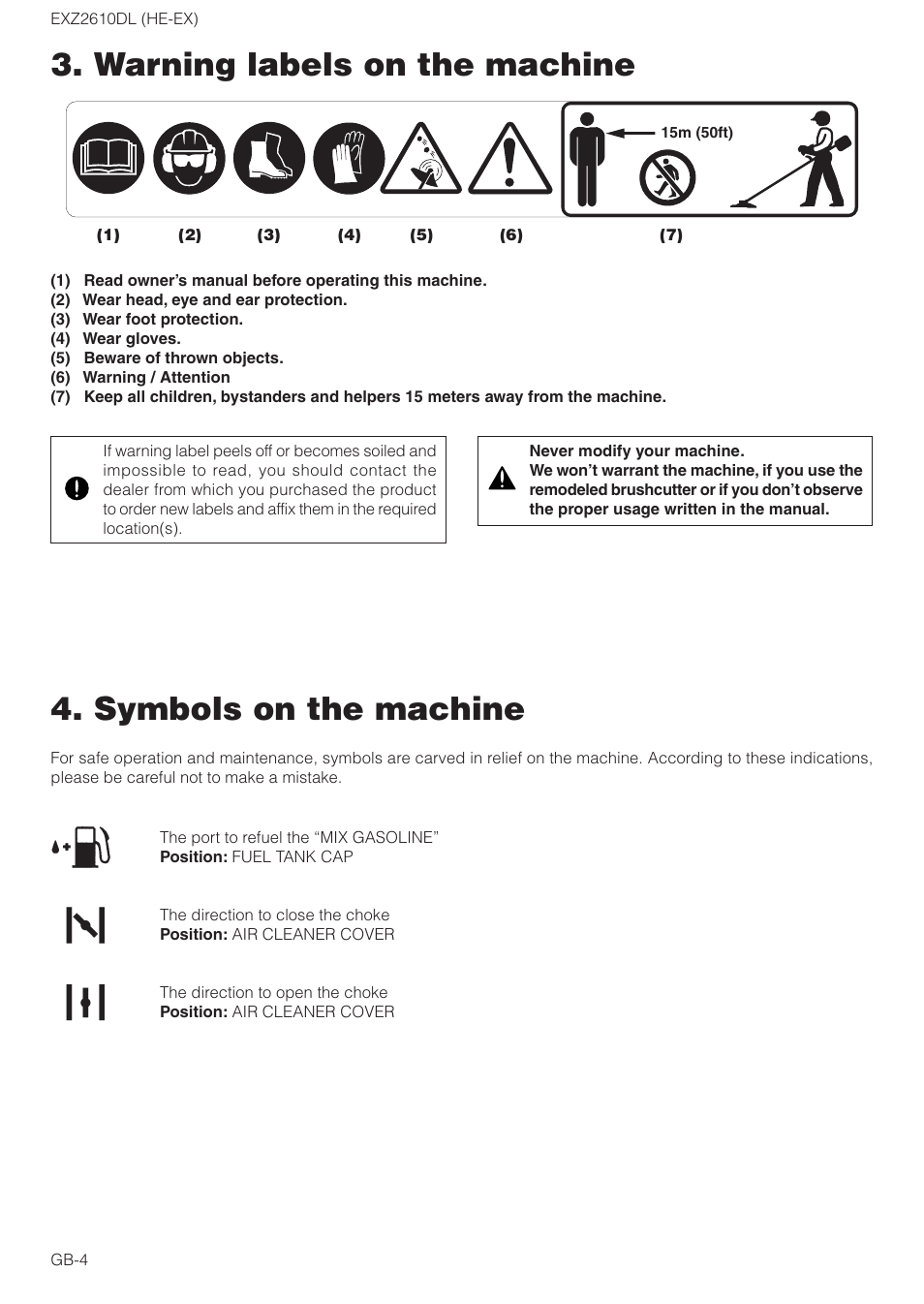 Warning labels on the machine, Symbols on the machine | Zenoah EXZ2610DL User Manual | Page 4 / 16