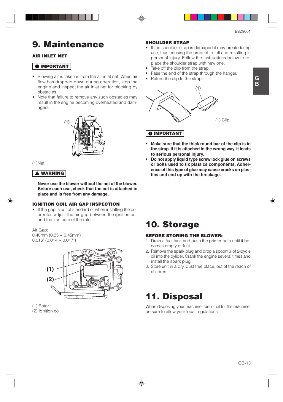 Maintenance 10. storage, Disposal | Zenoah RedMax EBZ8001 User Manual | Page 13 / 14