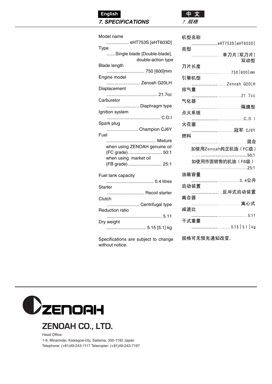 Zenoah EHT753D User Manual | Page 20 / 20
