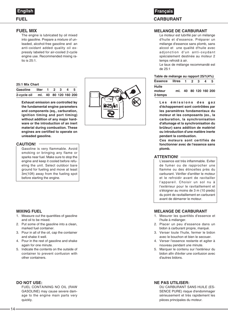 Engilsh français, Fuel carburant fuel mix | Zenoah EB6200 User Manual | Page 14 / 32