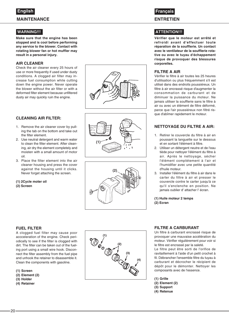 Maintenance entretien engilsh français | Zenoah EB6200 User Manual | Page 20 / 32