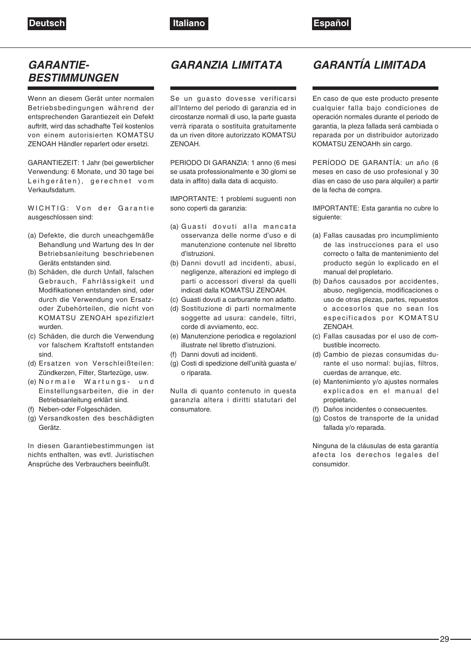 Garantie- bestimmungen, Garanzia limitata, Garantía limitada | Deutsch italiano español | Zenoah EB6200 User Manual | Page 29 / 32