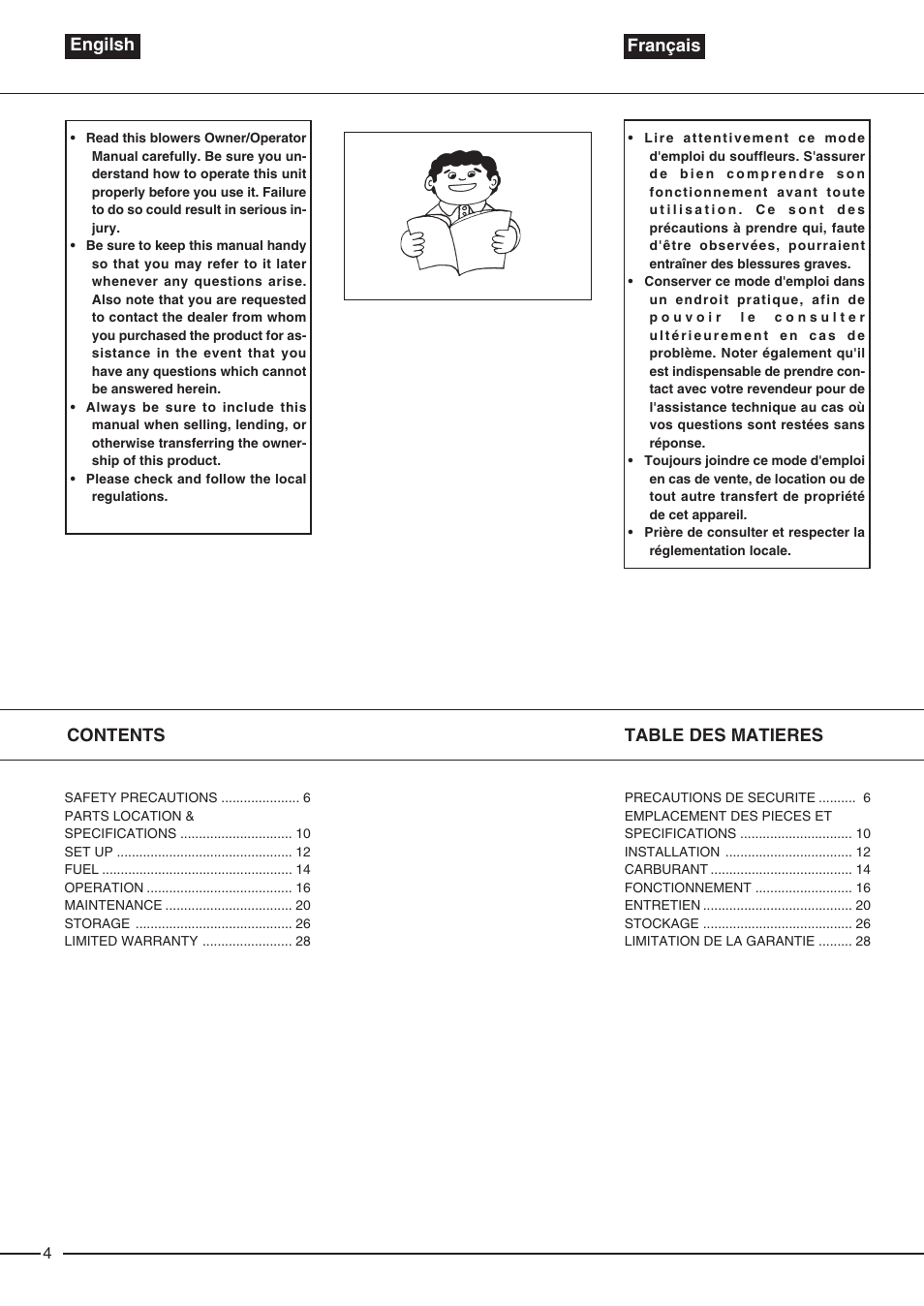 Table des matieres contents, Engilsh français | Zenoah EB6200 User Manual | Page 4 / 32