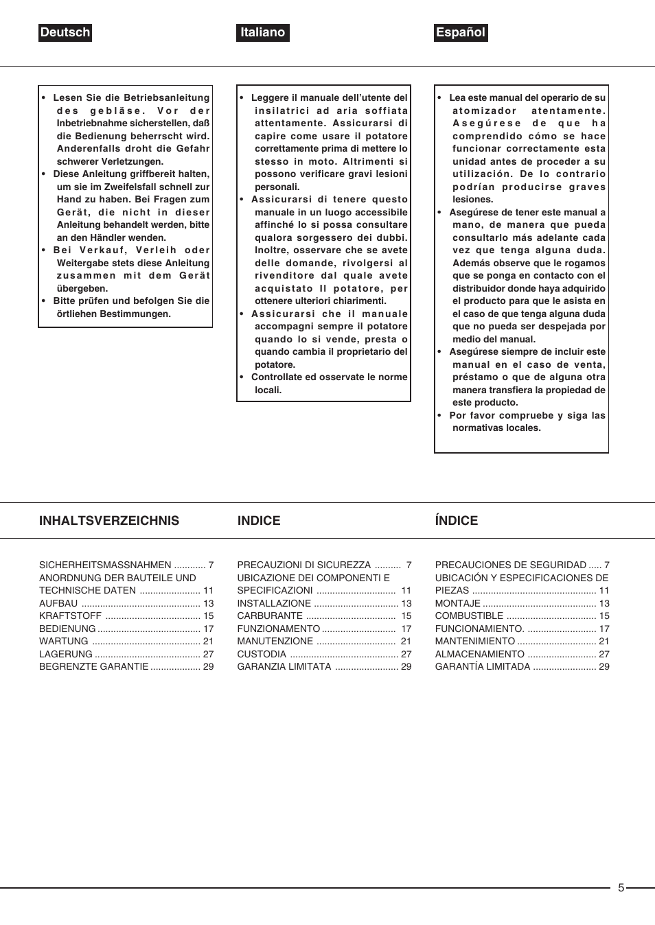 Indice, Índice inhaltsverzeichnis deutsch italiano español | Zenoah EB6200 User Manual | Page 5 / 32