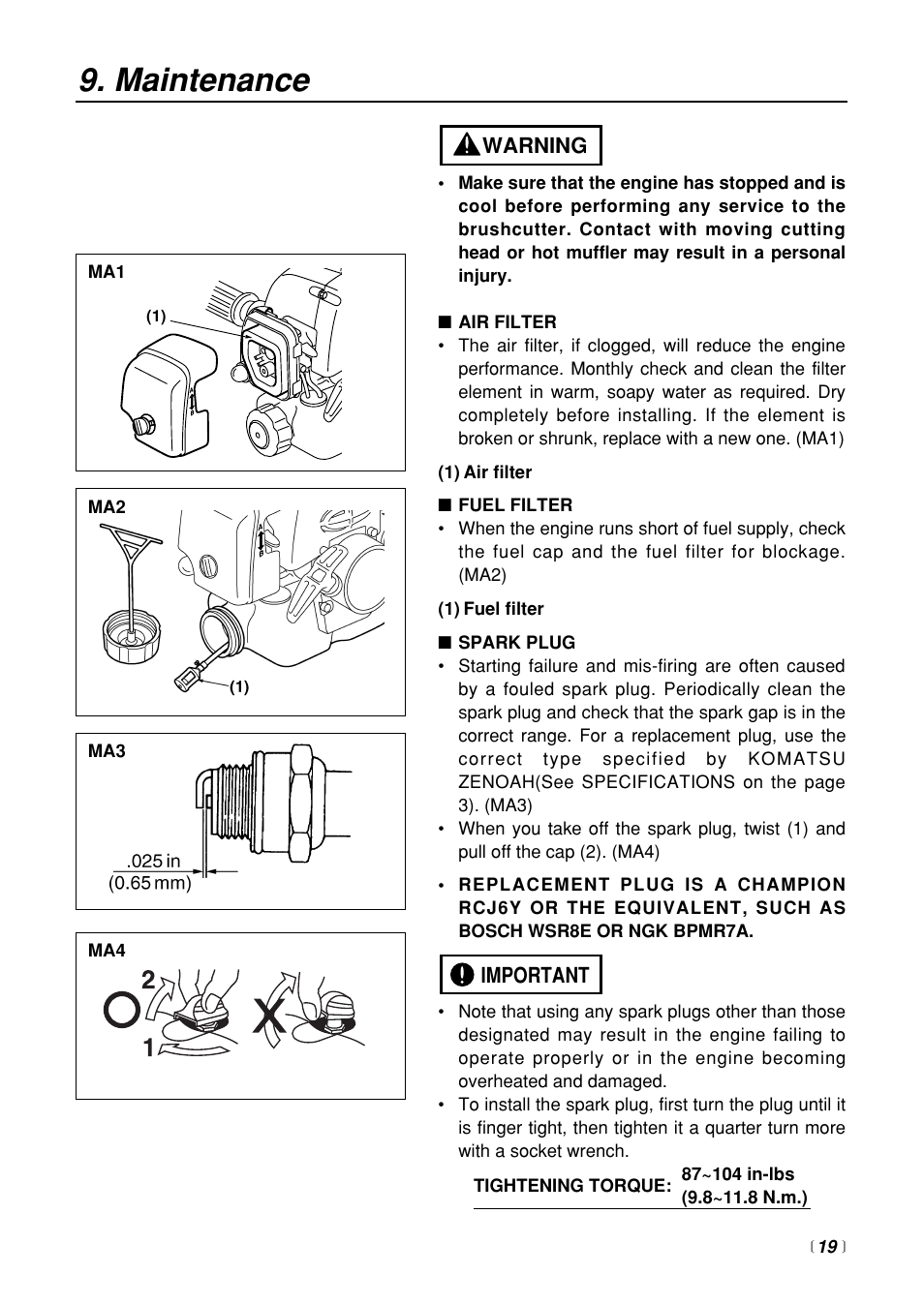 Maintenance | Zenoah BT250 User Manual | Page 19 / 24