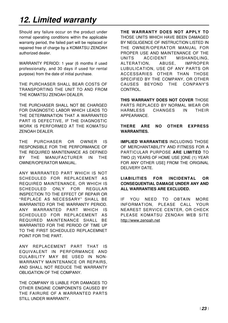 Limited warranty | Zenoah BT250 User Manual | Page 23 / 24