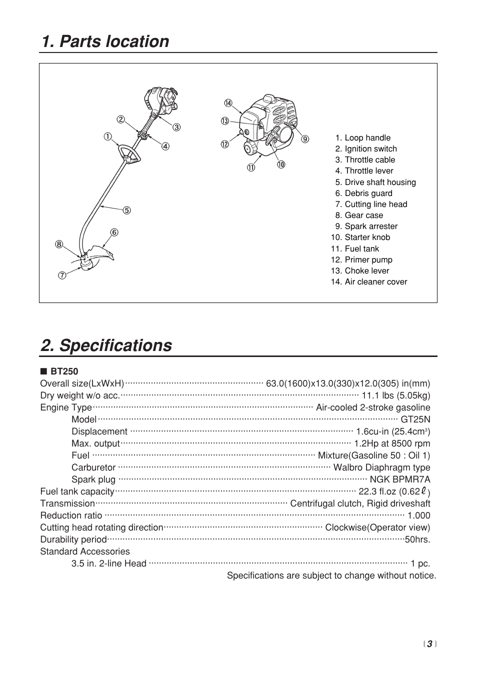 Specifications, Parts location | Zenoah BT250 User Manual | Page 3 / 24