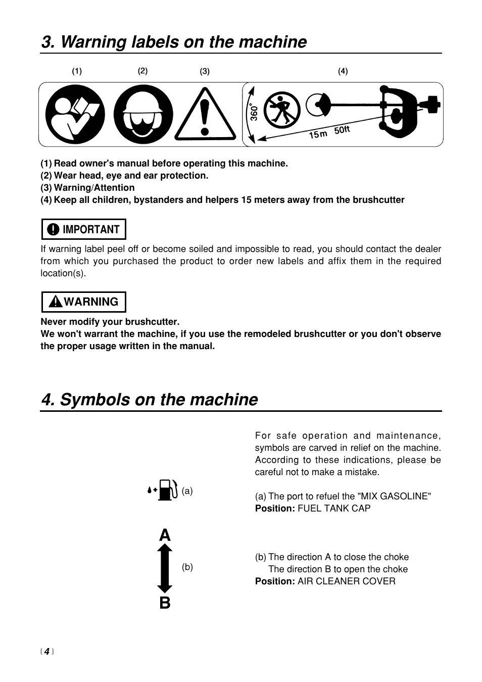 Symbols on the machine, Warning labels on the machine | Zenoah BT250 User Manual | Page 4 / 24