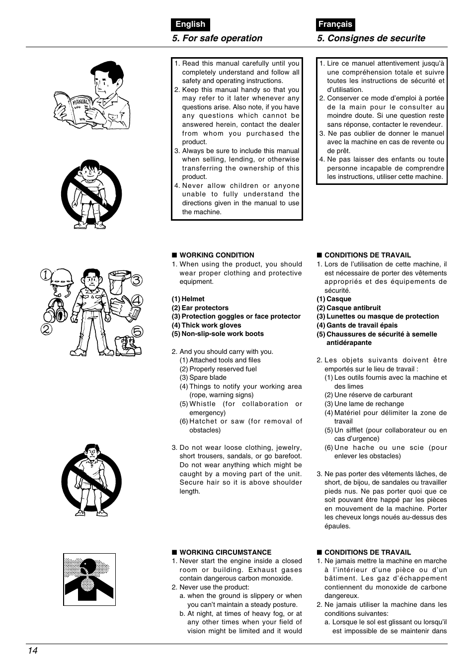 For safe operation 14, Consignes de securite | Zenoah BC535DLM User Manual | Page 14 / 60