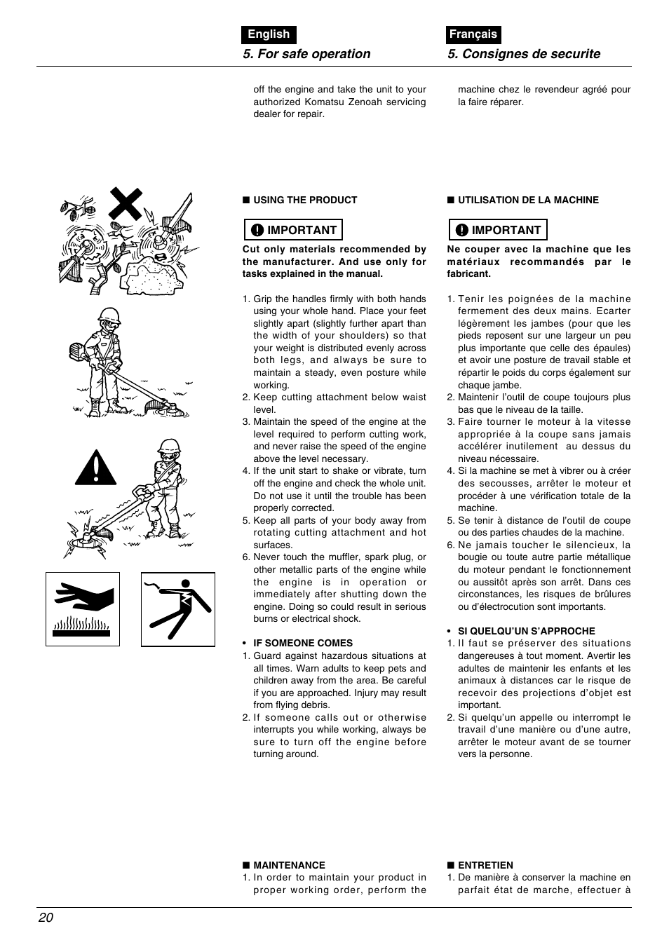 For safe operation 5. consignes de securite | Zenoah BC535DLM User Manual | Page 20 / 60