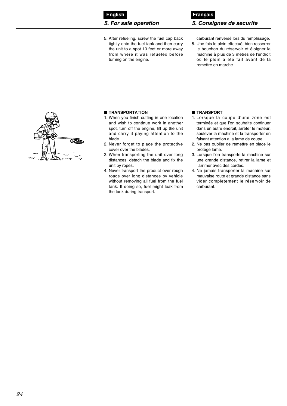 For safe operation 5. consignes de securite 24 | Zenoah BC535DLM User Manual | Page 24 / 60