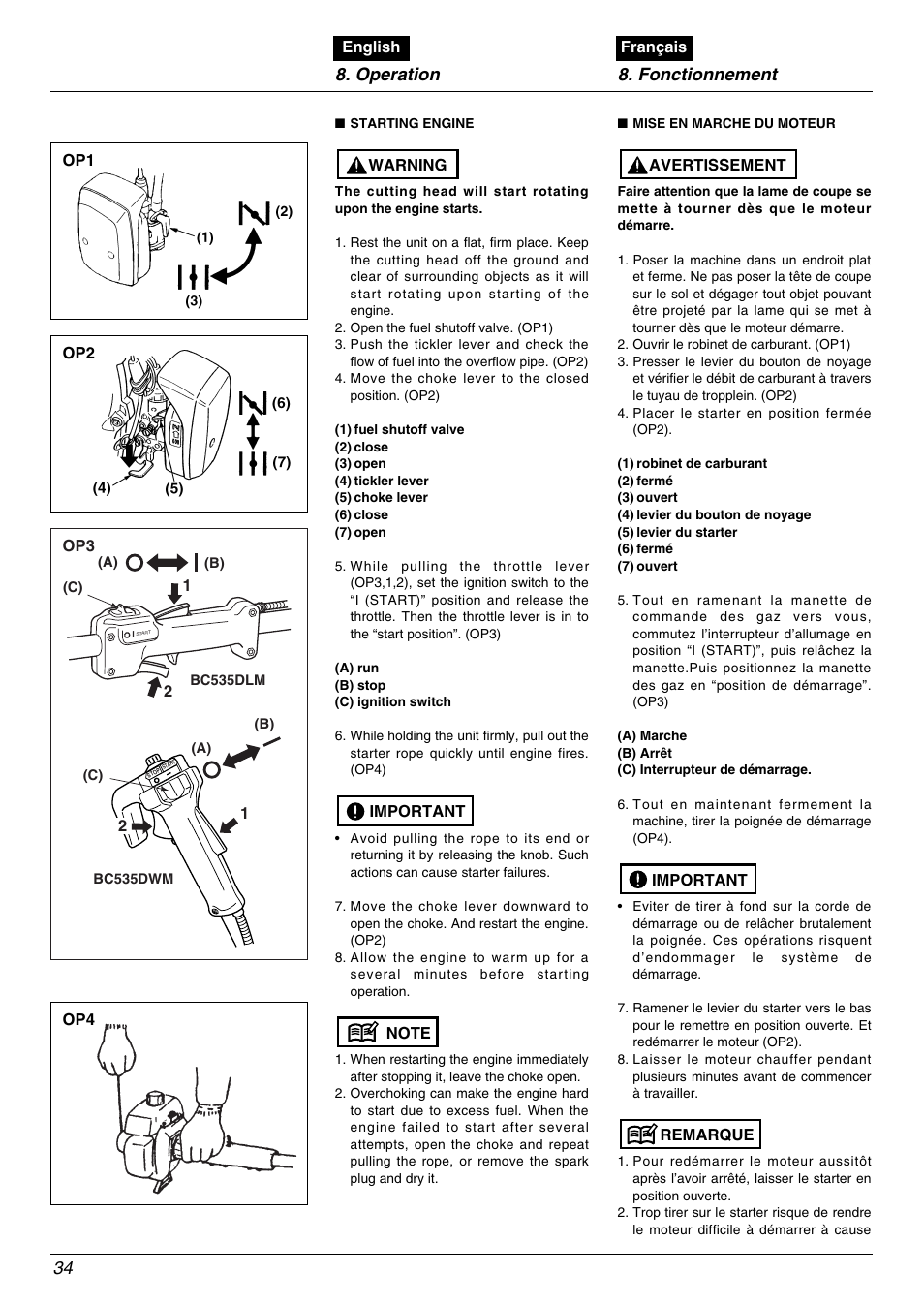 Operation 8. fonctionnement 34 | Zenoah BC535DLM User Manual | Page 34 / 60