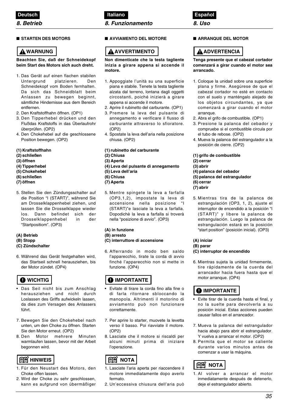 Betrieb 8. funzionamento 8. uso 35 | Zenoah BC535DLM User Manual | Page 35 / 60