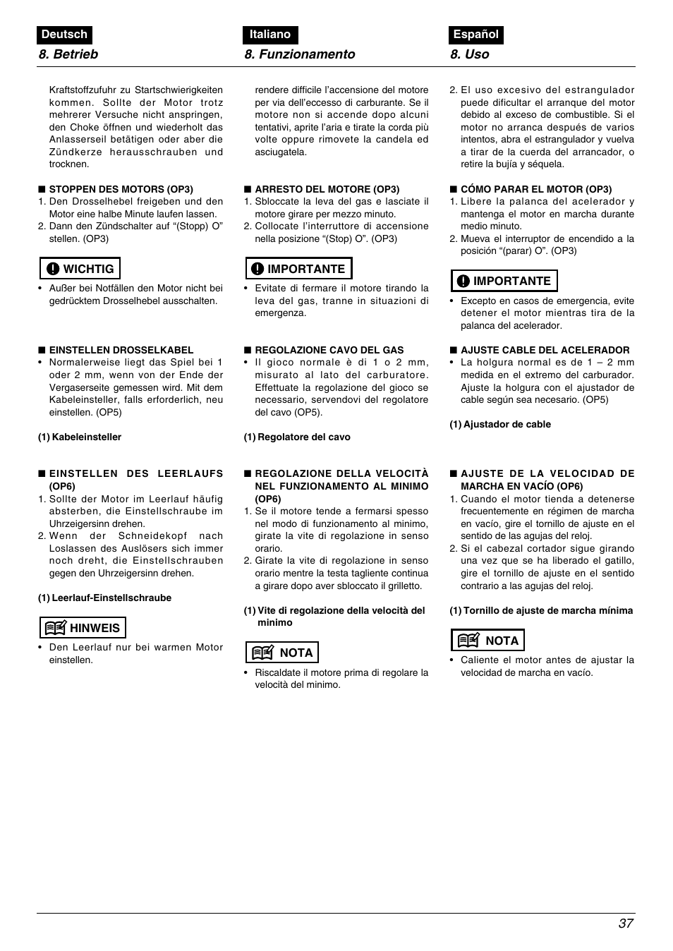 Betrieb 8. funzionamento 8. uso 37 | Zenoah BC535DLM User Manual | Page 37 / 60