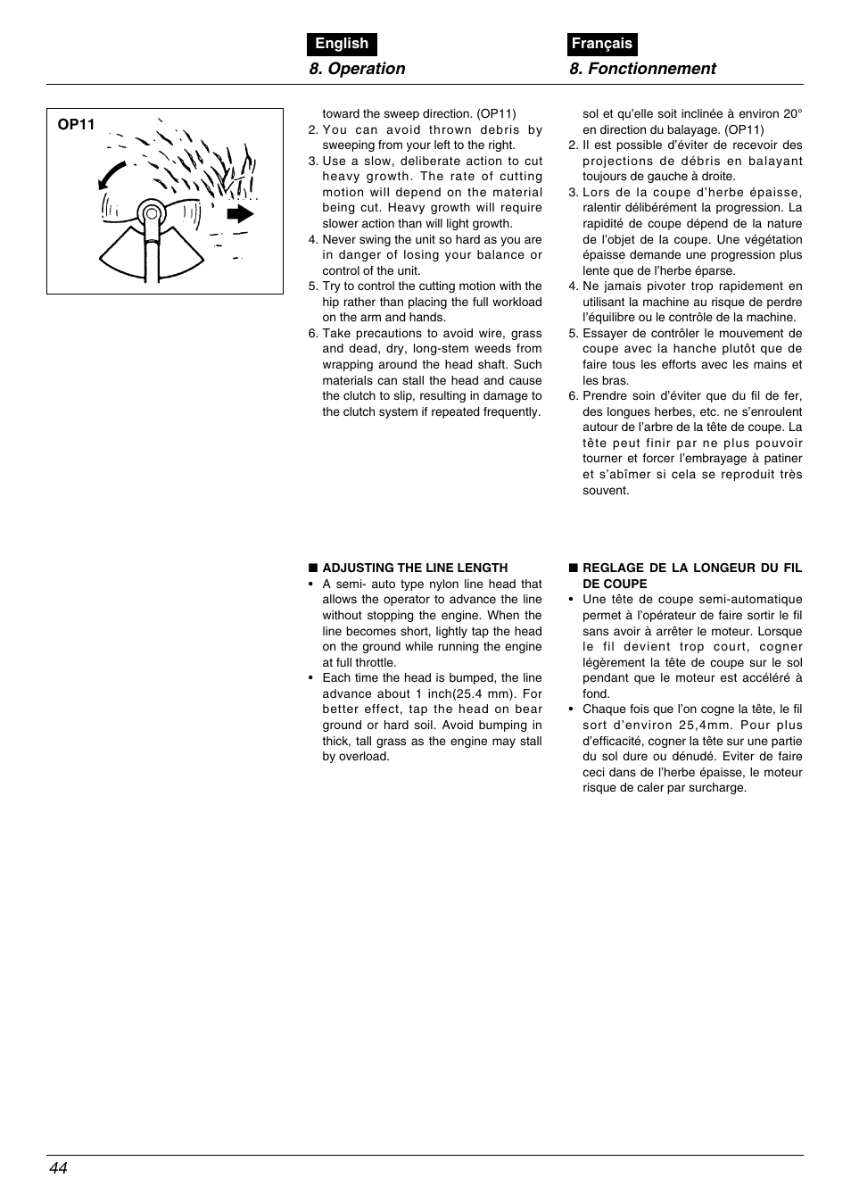 Operation 8. fonctionnement | Zenoah BC535DLM User Manual | Page 44 / 60