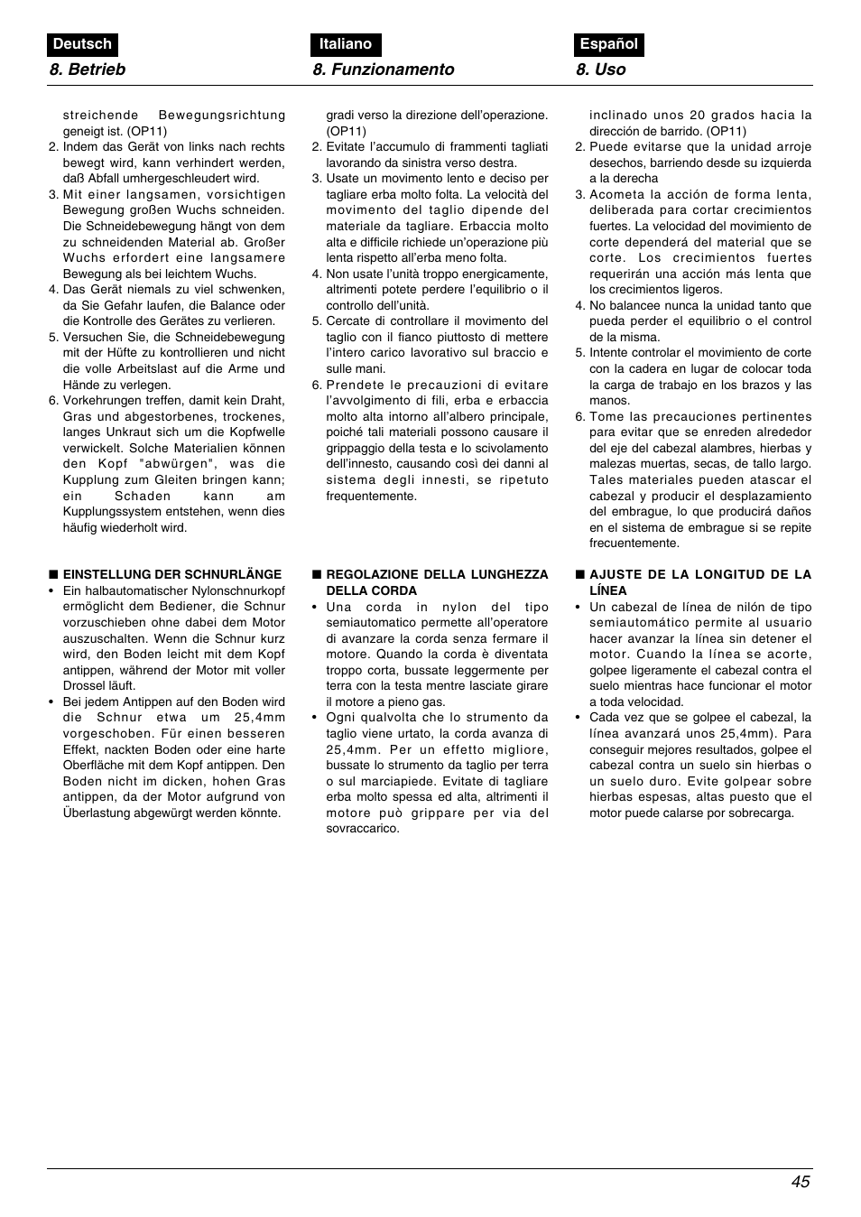 Betrieb 8. funzionamento 8. uso | Zenoah BC535DLM User Manual | Page 45 / 60